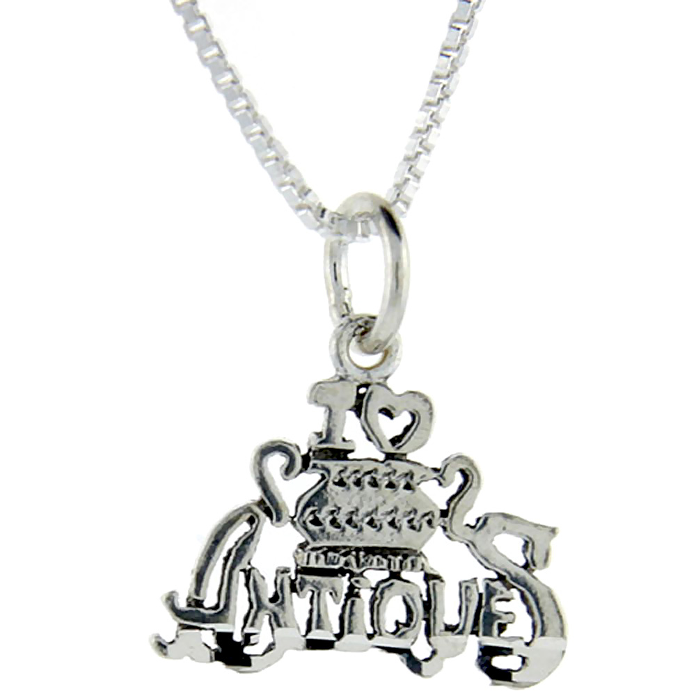 STERLING SILVER I LOVE ANTIQUES 1 INCH WIDE WORD PENDANT TALKING CHARM FOR WOMEN AND MEN
