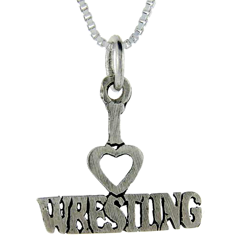 STERLING SILVER I LOVE WRESTLING 1 INCH WIDE WORD PENDANT TALKING CHARM FOR WOMEN AND MEN