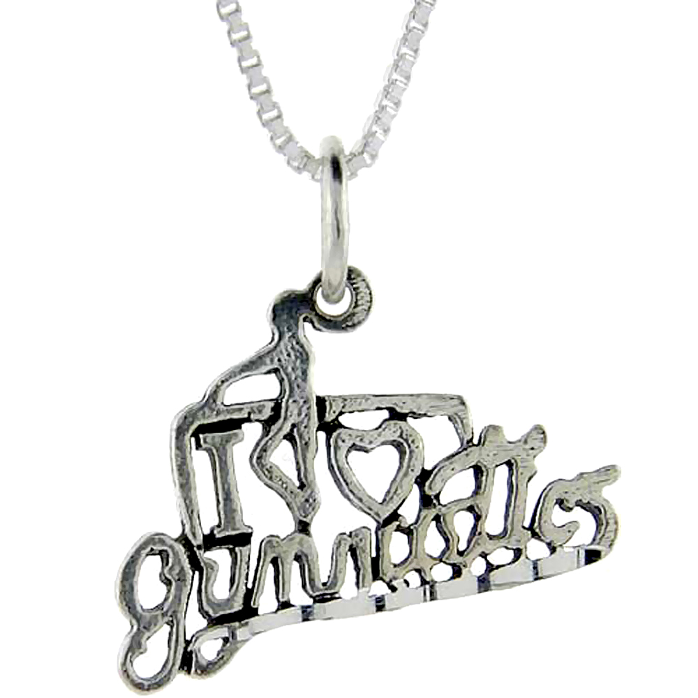 STERLING SILVER I LOVE GYMNASTICS 1 INCH WIDE WORD PENDANT TALKING CHARM FOR WOMEN AND MEN