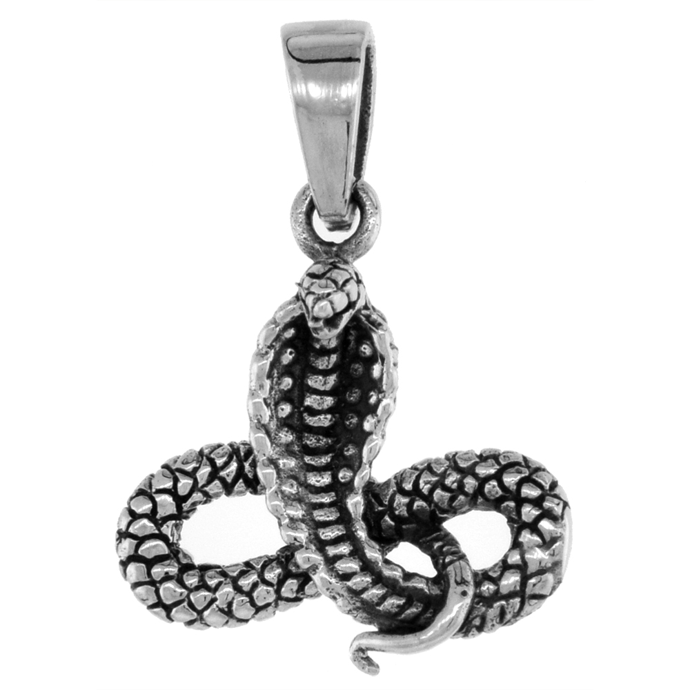 7/8 INCH STERLING SILVER COBRA SNAKE PENDANT DIAMOND-CUT OXIDIZED FINISH NO CHAIN