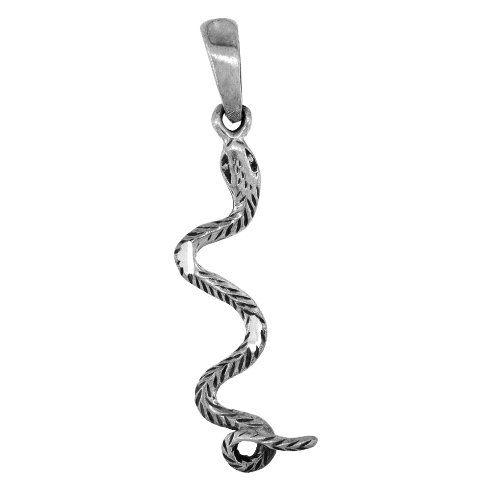 1 3/8 INCH STERLING SILVER LONG SNAKE PENDANT DIAMOND-CUT OXIDIZED FINISH NO CHAIN