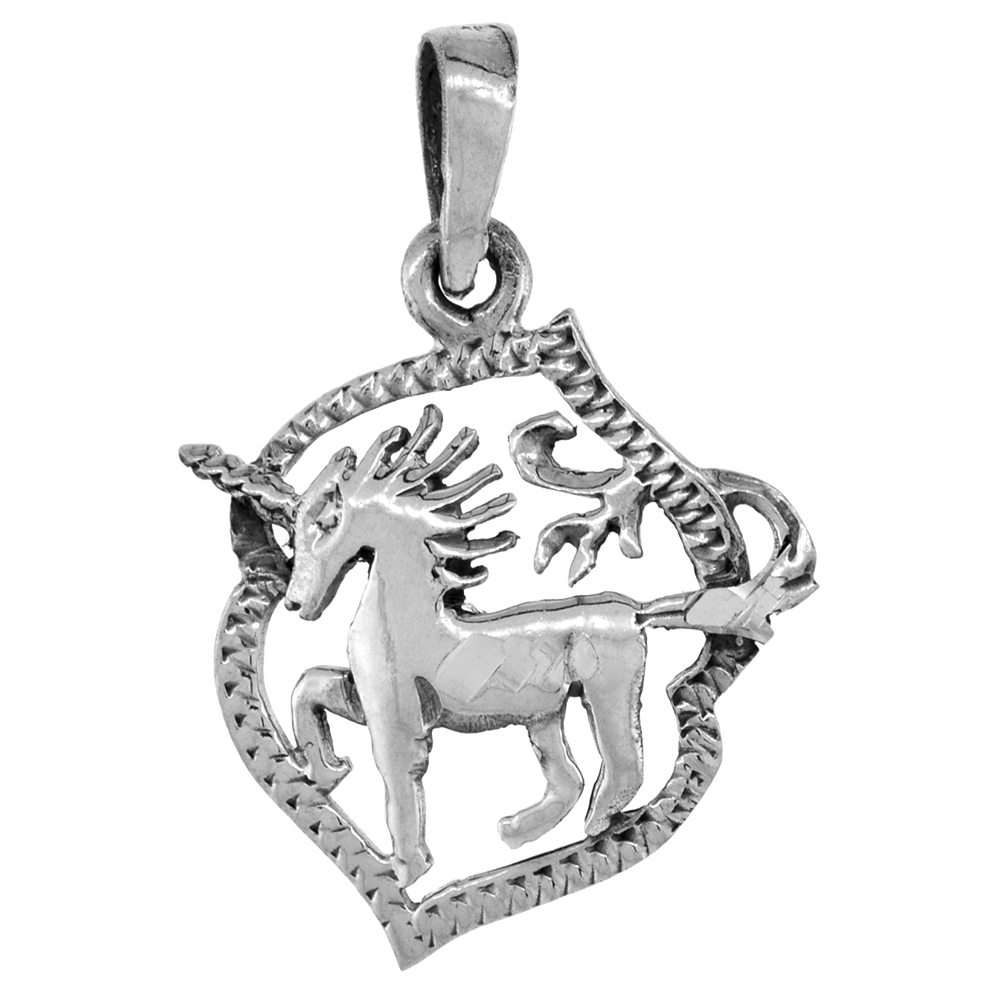SMALL 3/4 INCH STERLING SILVER FURRY TAIL UNICORN PENDANT FOR WOMEN DIAMOND-CUT OXIDIZED FINISH NO CHAIN