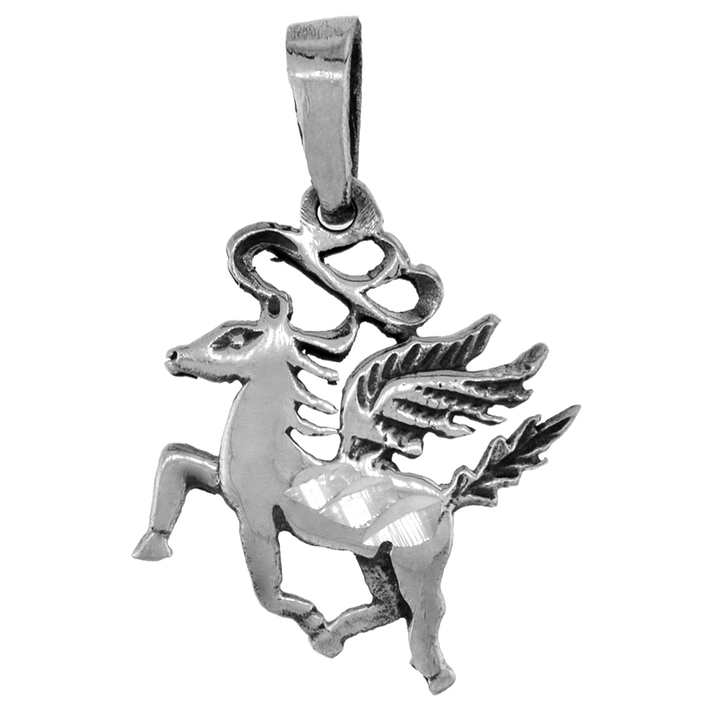SMALL 3/4 INCH STERLING SILVER FLYING PEGASUS PENDANT FOR WOMEN DIAMOND-CUT OXIDIZED FINISH NO CHAIN