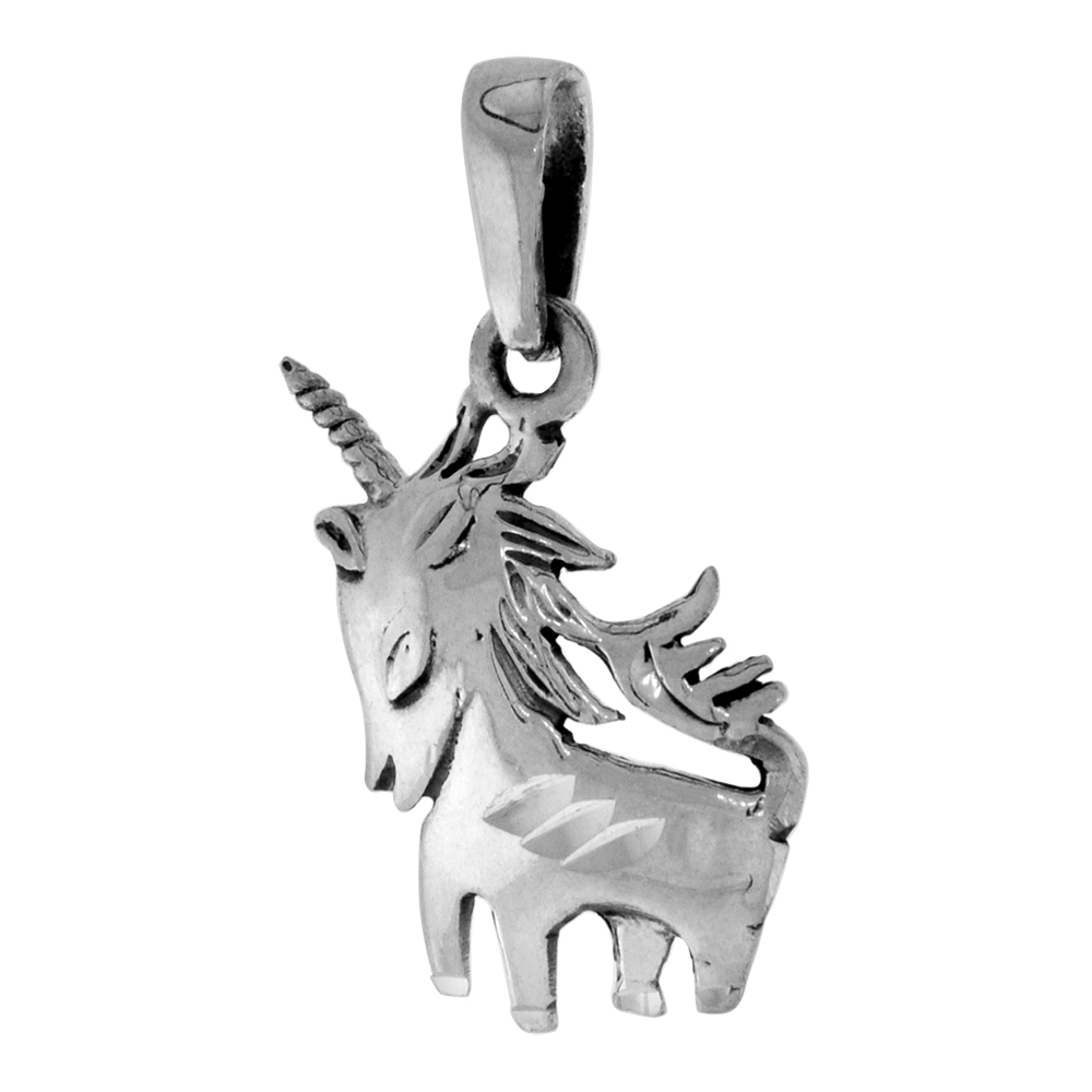 DAINTY 1/2 INCH STERLING SILVER UNICORN PENDANT SHY FOR WOMEN & TEENS DIAMOND-CUT OXIDIZED FINISH NO CHAIN
