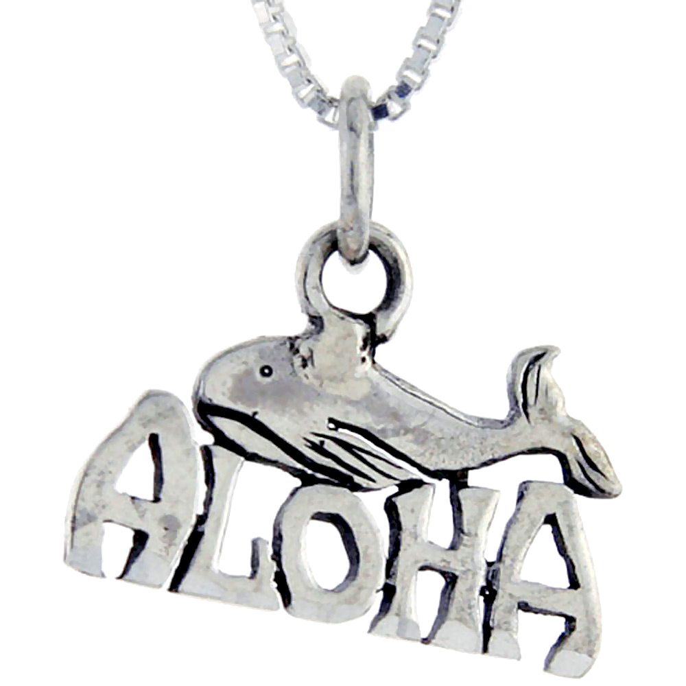 STERLING SILVER ALOHA WORD PENDANT TALKING CHARM FOR WOMEN AND MEN 1 INCH WIDE