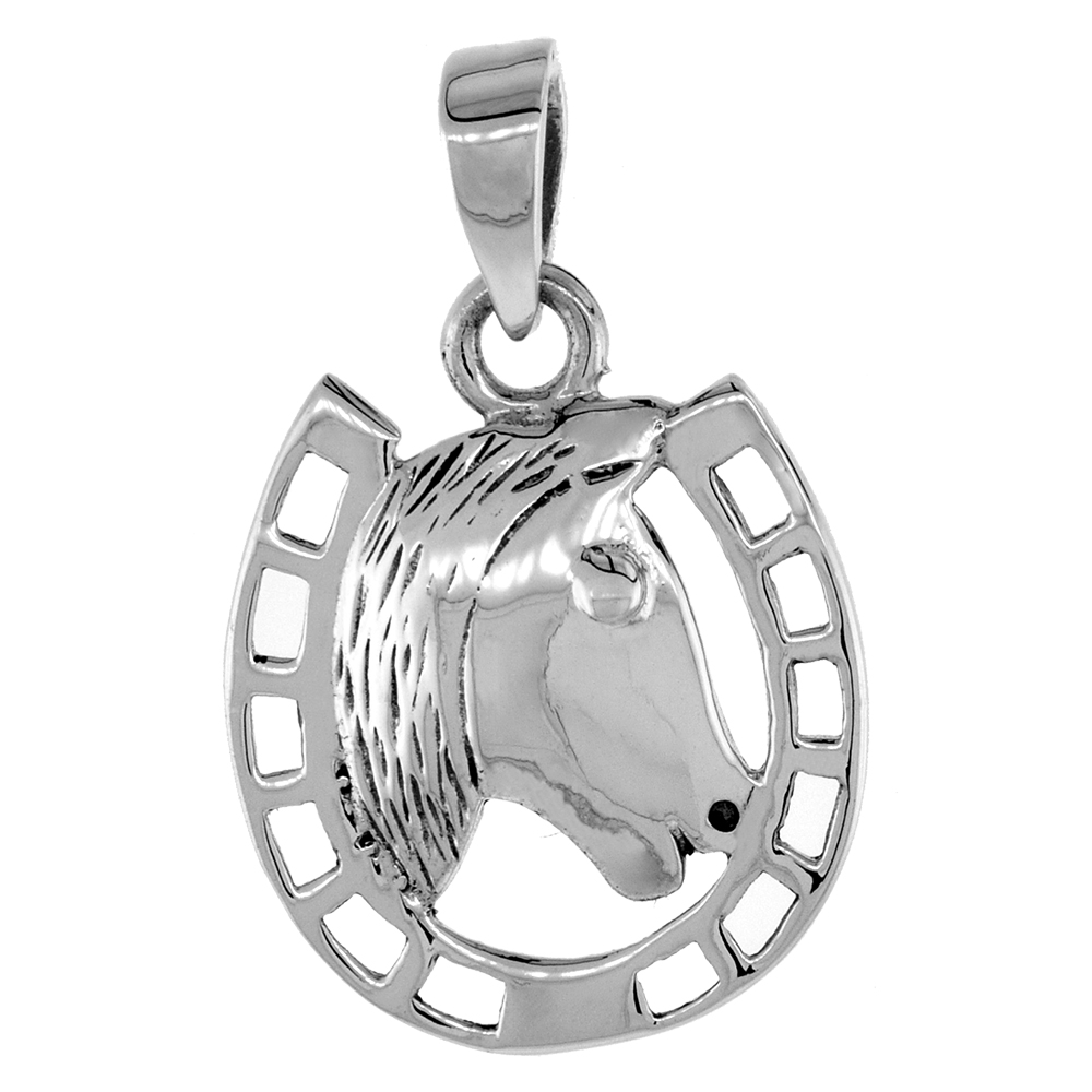 SMALL 3/4 INCH STERLING SILVER HORSEHEAD IN HORSESHOE PENDANT FOR MEN AND WOMEN DIAMOND-CUT OXIDIZED FINISH NO CHAIN