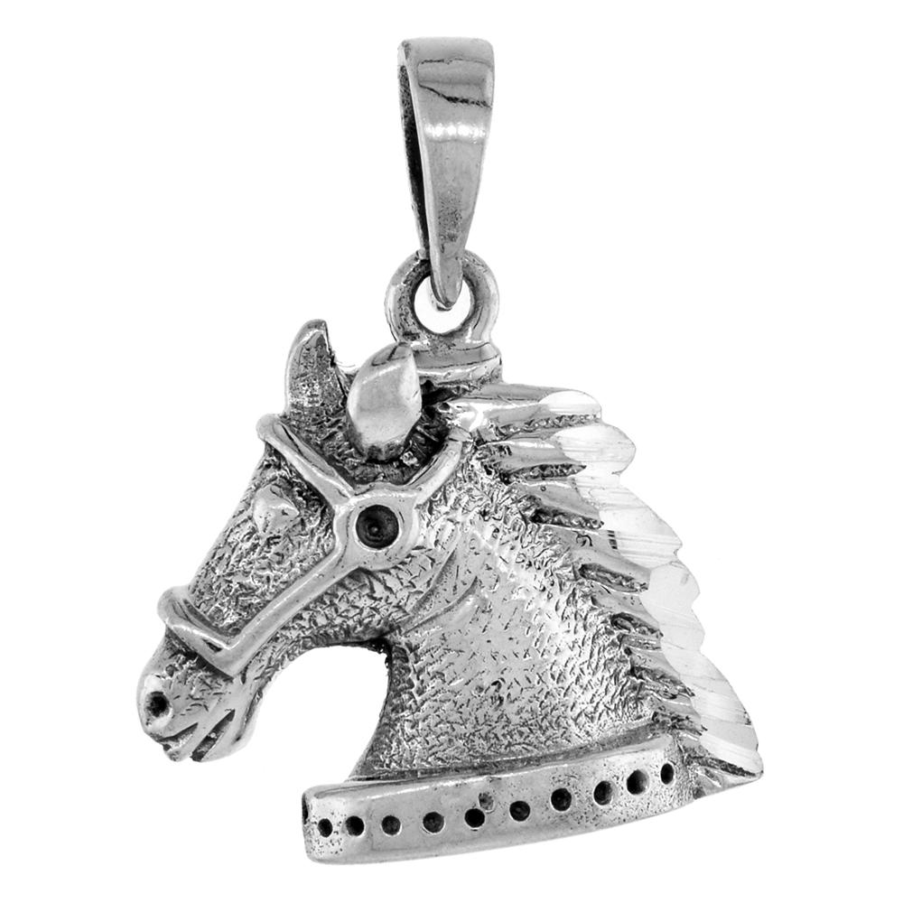 SMALL 3/4 INCH STERLING SILVER HORSE HEAD PENDANT FOR MEN AND WOMEN DIAMOND-CUT OXIDIZED FINISH NO CHAIN