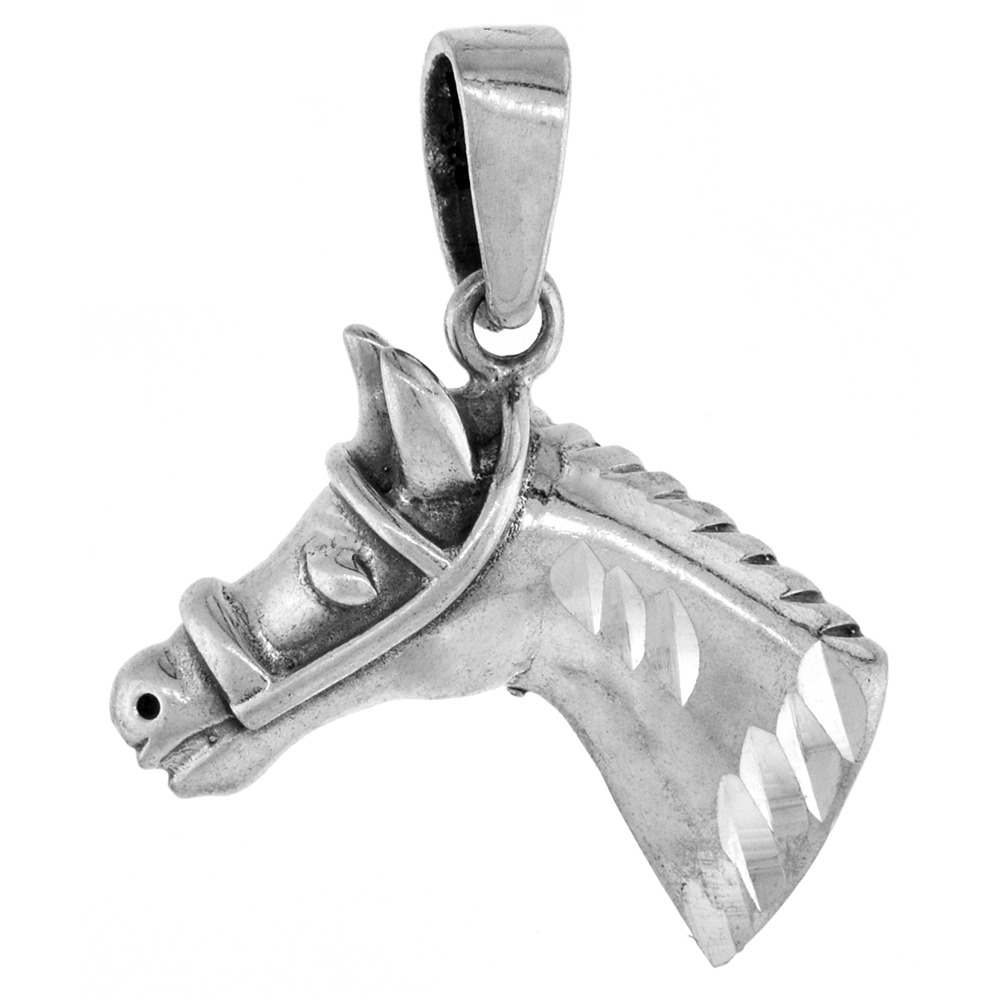 SMALL 3/4 INCH STERLING SILVER HORSE HEAD PENDANT FOR MEN AND WOMEN DIAMOND-CUT OXIDIZED FINISH NO CHAIN (NO CHAIN)