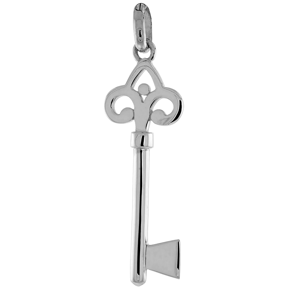 STERLING SILVER VINTAGE DESIGN SKELETON KEY PENDANT FLEUR DE LIS BOW FLAWLESS POLISHED FINISH 1 1/2 INCH TALL NO CHAIN