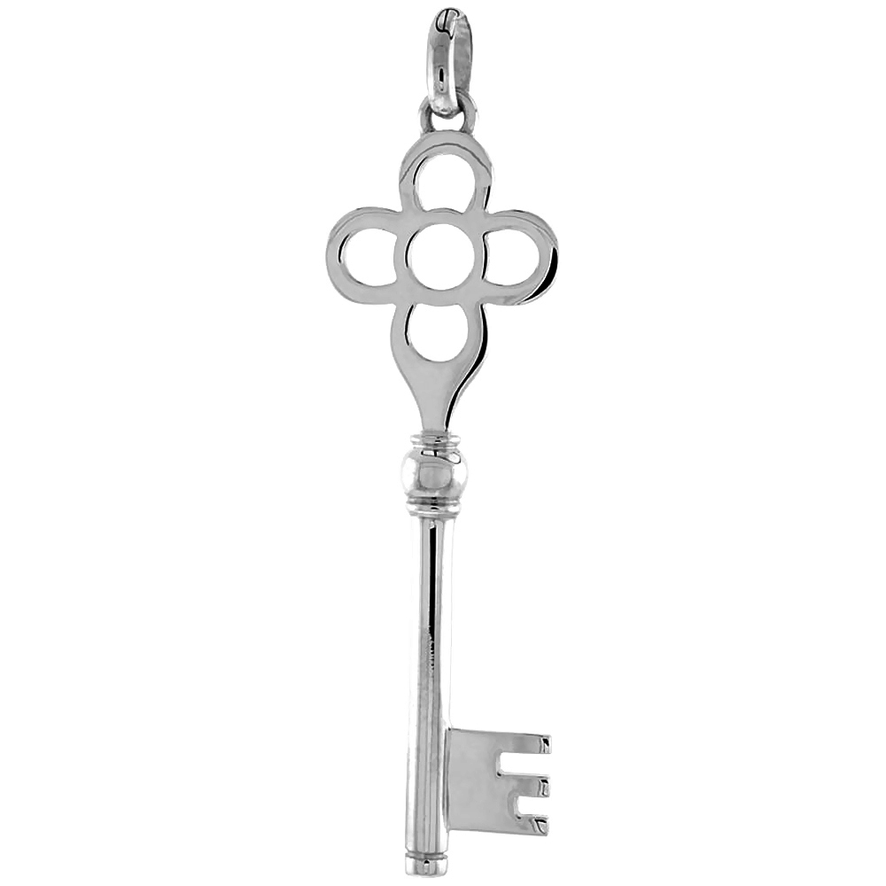STERLING SILVER VINTAGE DESIGN SKELETON KEY PENDANT QUATREFOIL W/ CIRCLE BOW FLAWLESS POLISHED FINISH 2 3/16 INCH TALL NO CHAIN