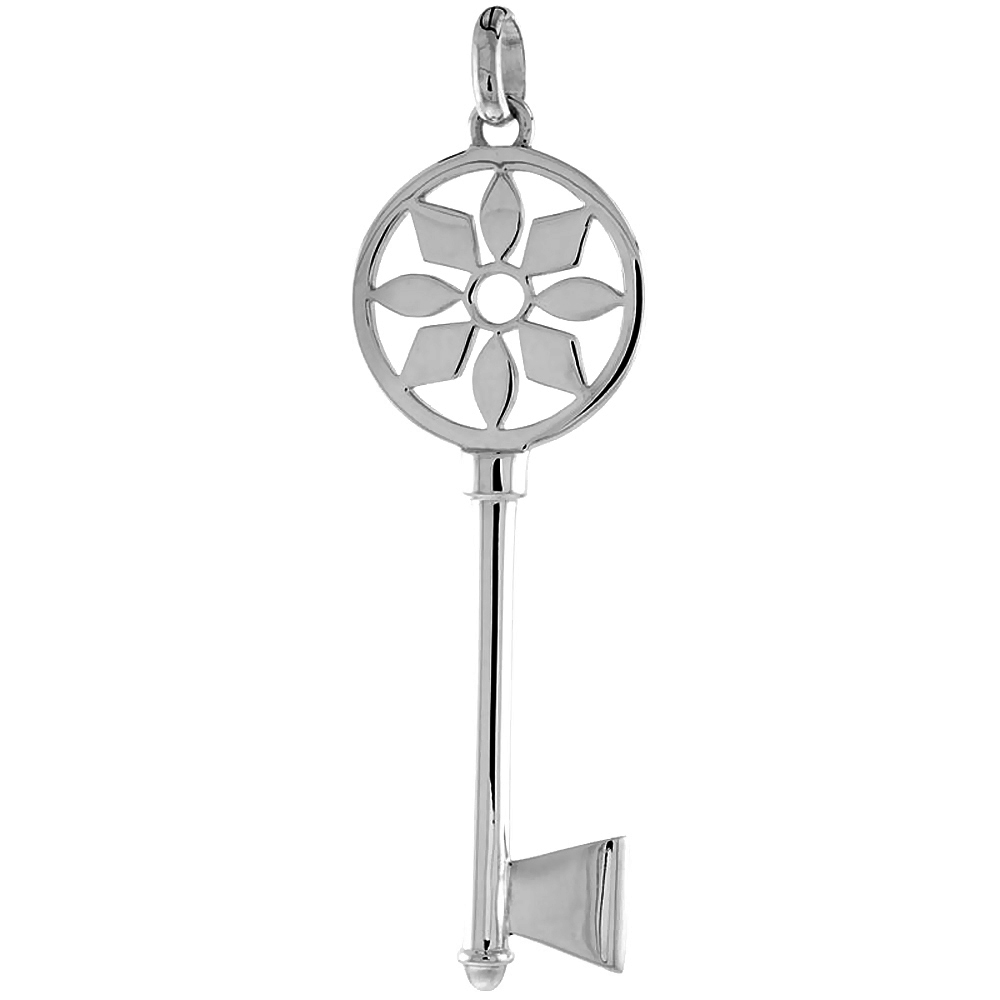 STERLING SILVER VINTAGE DESIGN SKELETON KEY PENDANT 8 SPOKED BOW FLAWLESS POLISHED FINISH 2 1/4 INCH TALL NO CHAIN