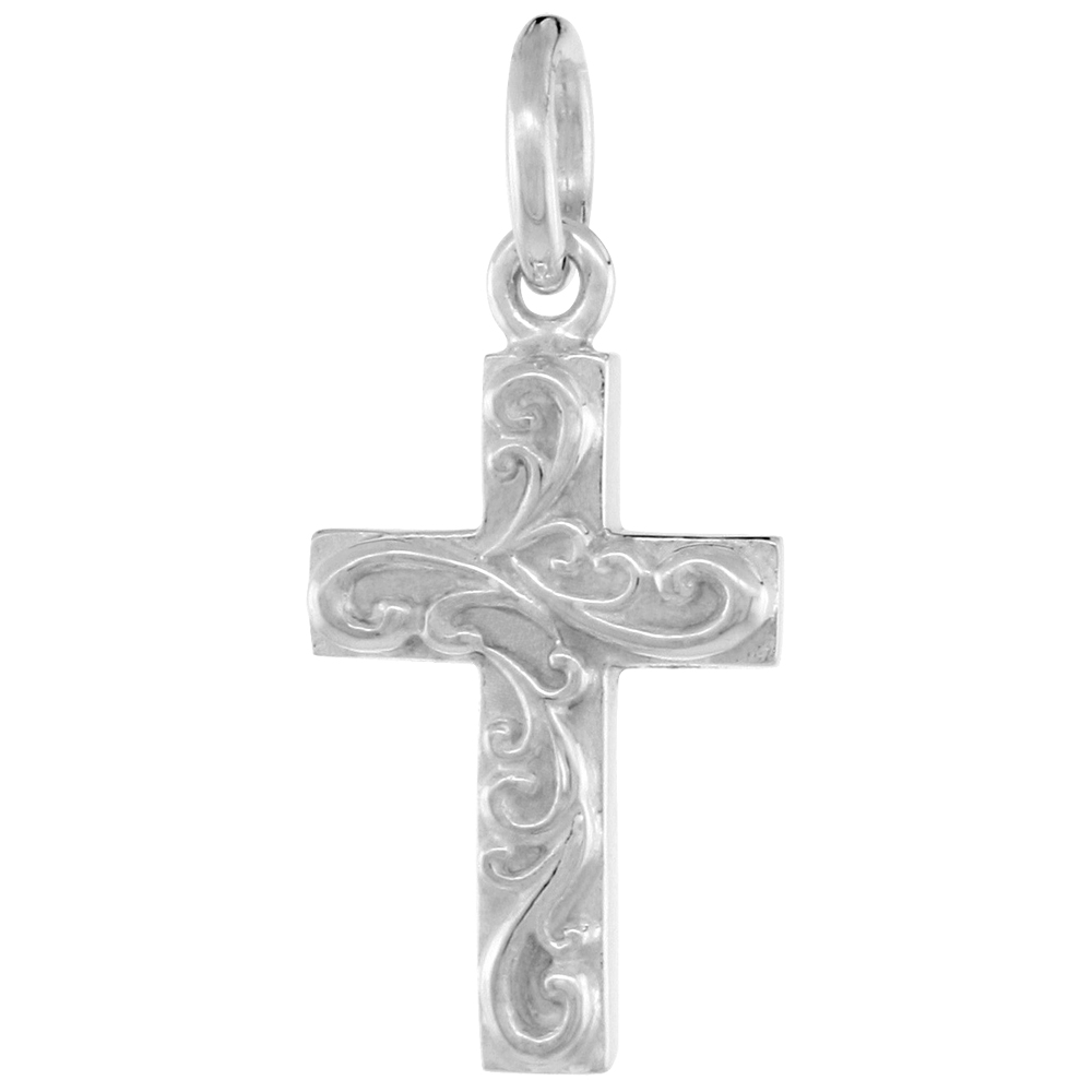 TINY STERLING SILVER FLORAL RELIEF CROSS PENDANT FOR WOMEN FLAWLESS POLISHED FINISH 3/4 INCH TALL NO CHAIN