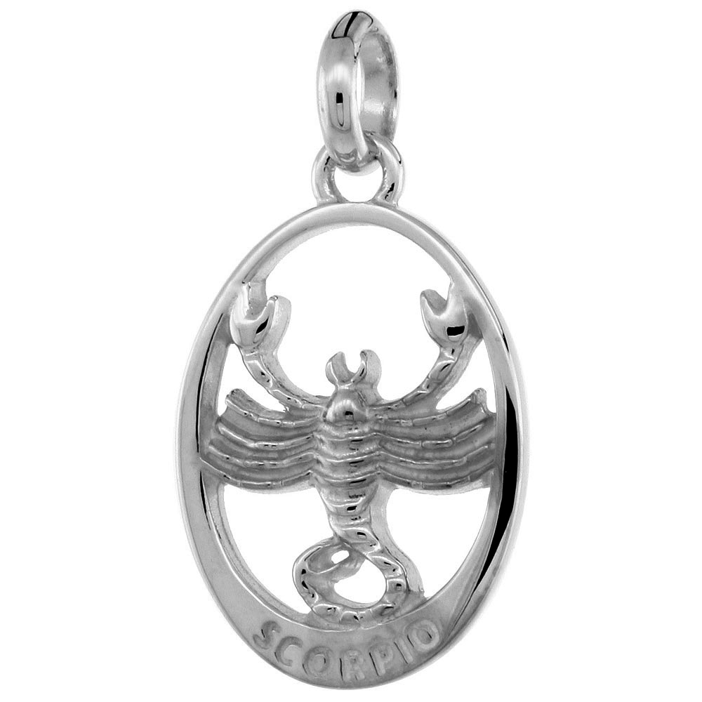 SMALL OVAL STERLING SILVER ZODIAC SIGN SCORPIO PENDANT WOMEN FLAWLESS POLISHED FINISH 3/4 INCH TALL NO CHAIN