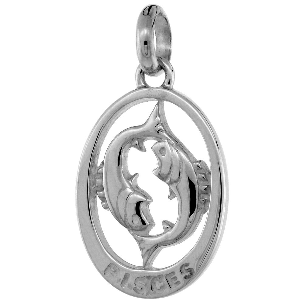 SMALL OVAL STERLING SILVER ZODIAC SIGN PISCES PENDANT WOMEN FLAWLESS POLISHED FINISH 3/4 INCH TALL NO CHAIN