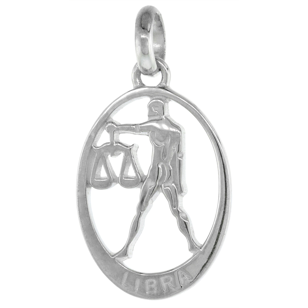 SMALL OVAL STERLING SILVER ZODIAC SIGN LIBRA PENDANT FOR WOMEN FLAWLESS POLISHED FINISH 3/4 INCH TALL NO CHAIN