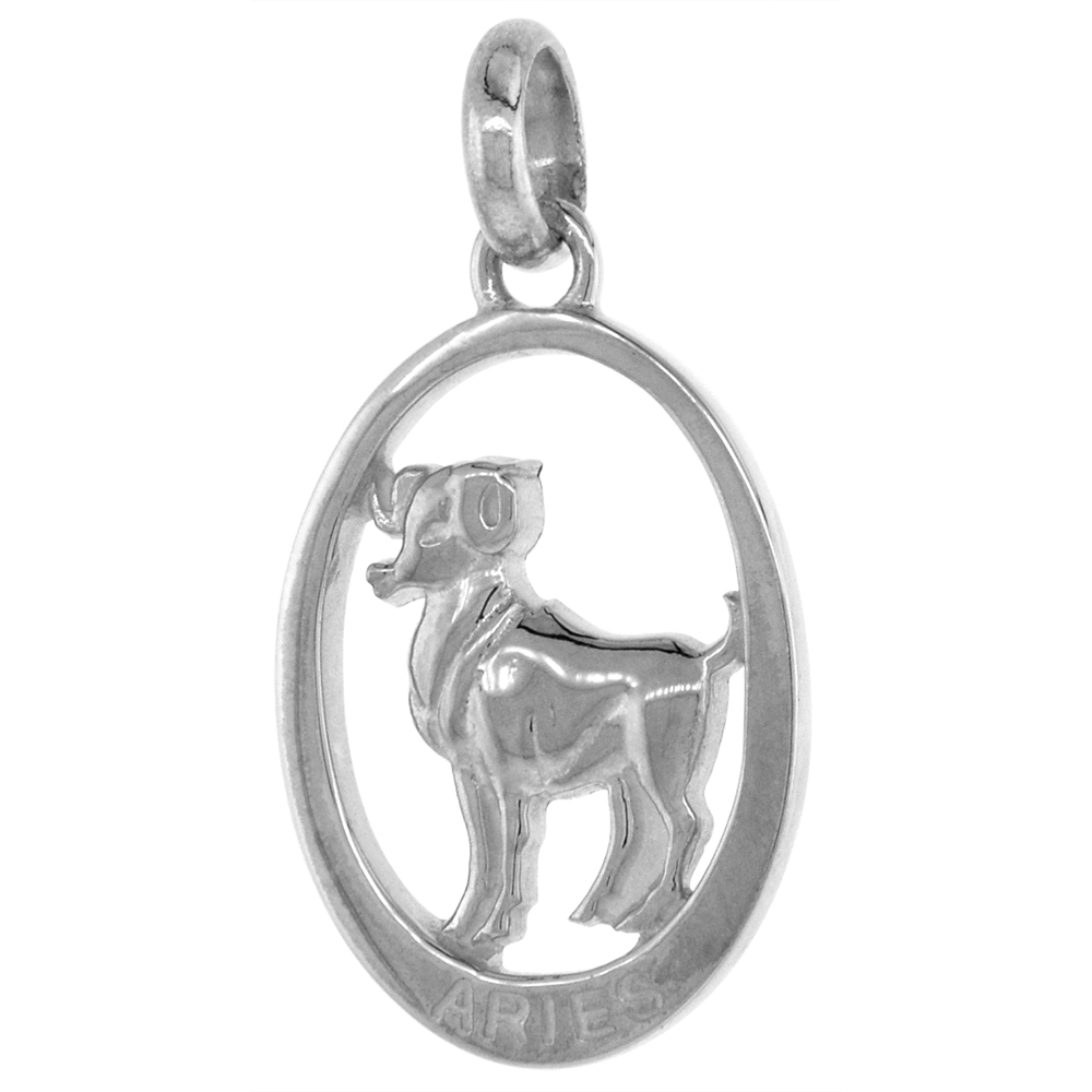 SMALL OVAL STERLING SILVER ZODIAC SIGN ARIES PENDANT FOR WOMEN FLAWLESS POLISHED FINISH 3/4 INCH TALL NO CHAIN