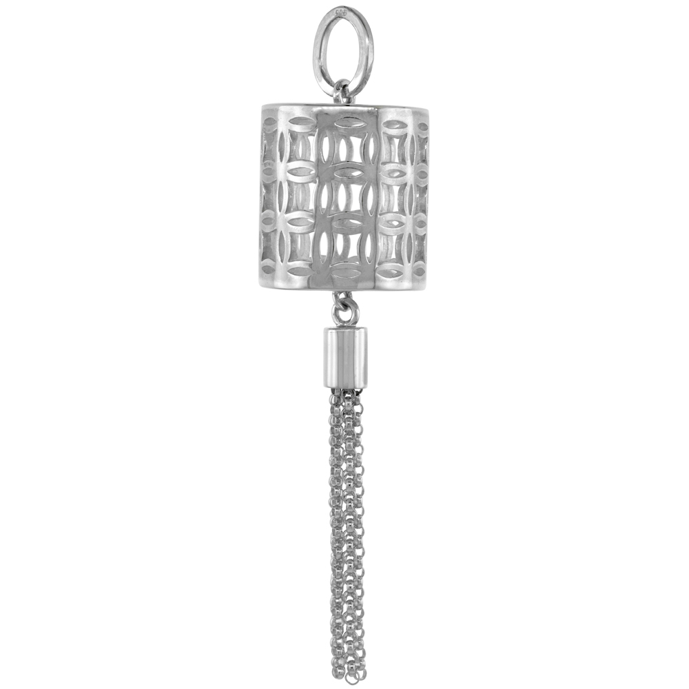 STERLING SILVER CYLINDRICAL CHINESE LANTERN PENDANT WITH TASSEL WOMEN FLAWLESS FINISH 3/4 INCH NO CHAIN