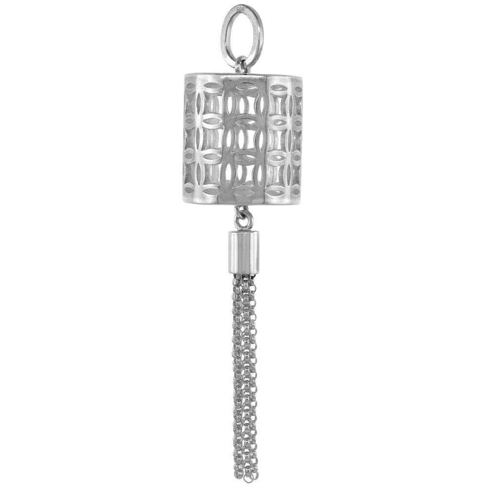 Sterling Silver Chinese Lantern Pendant Cylindrical with Tassel Women Flawless Finish 2 1/4 inch No Chain