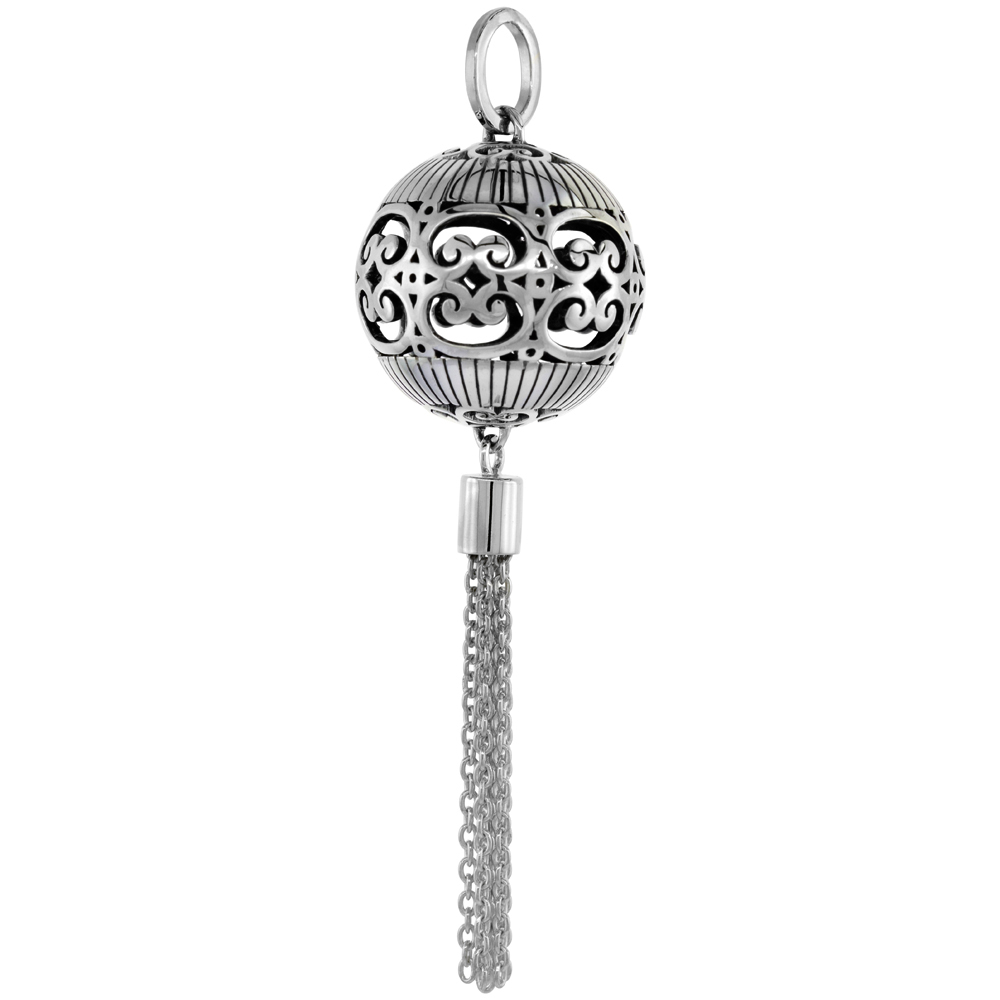 STERLING SILVER FILIGREE GLOBE CHINESE LANTERN PENDANT WITH TASSEL WOMEN OXIDIZED FINISH 3/4 INCH NO CHAIN
