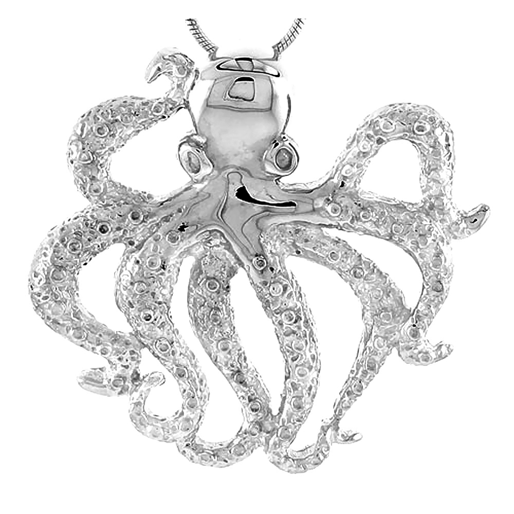 STERLING SILVER OCTOPUS PENDANT FOR WOMEN DETAILED DESIGN FLAWLESS POLISHED FINISH 1 5/16 INCH TALL NO CHAIN