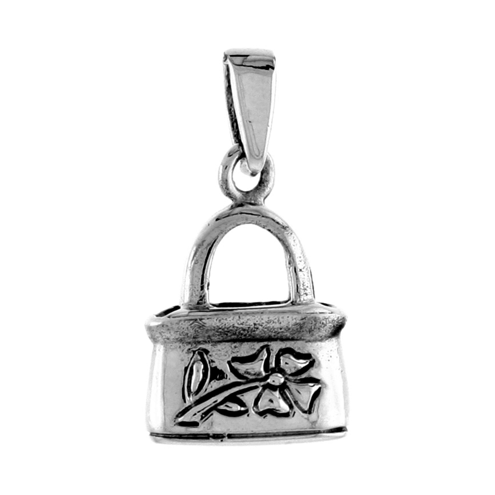 STERLING SILVER FLOWER DESIGN LADY'S PURSE PENDANT FOR WOMEN OXIDIZED ANTIQUE FINISH 1/2 INCH TALL NO CHAIN