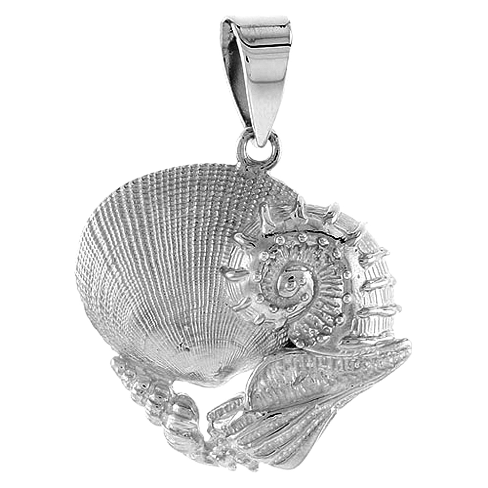 STERLING SILVER SNAILS & CLAMSHELL PENDANT FOR WOMEN FLAWLESS POLISHED FINISH 1 INCH TALL NO CHAIN