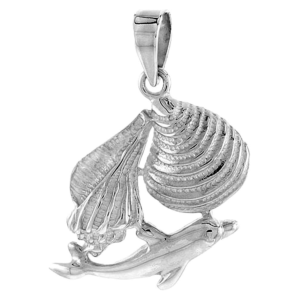 STERLING SILVER SEASHELLS & DOLPHIN PENDANT FOR WOMEN FLAWLESS POLISHED FINISH 7/8 INCH TALL NO CHAIN