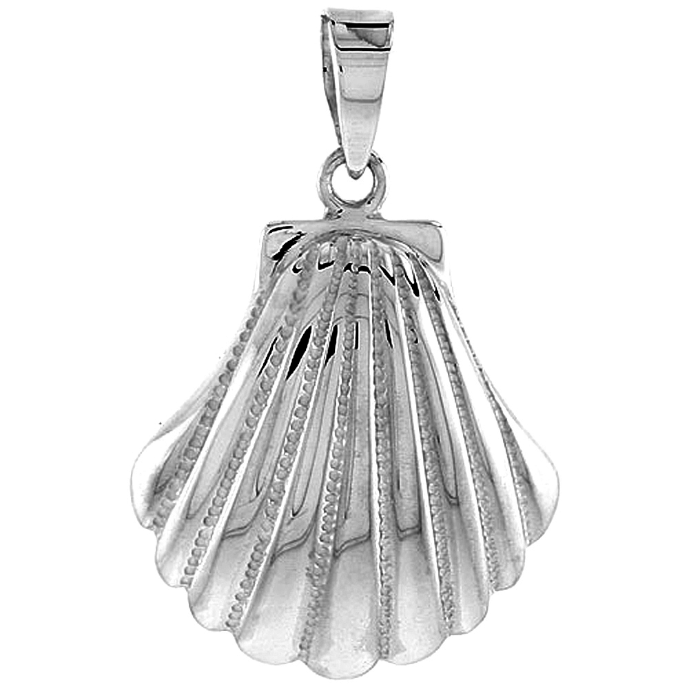 STERLING SILVER SCALLOP SHELL PENDANT FOR WOMEN FLAWLESS POLISHED FINISH 1 INCH TALL NO CHAIN