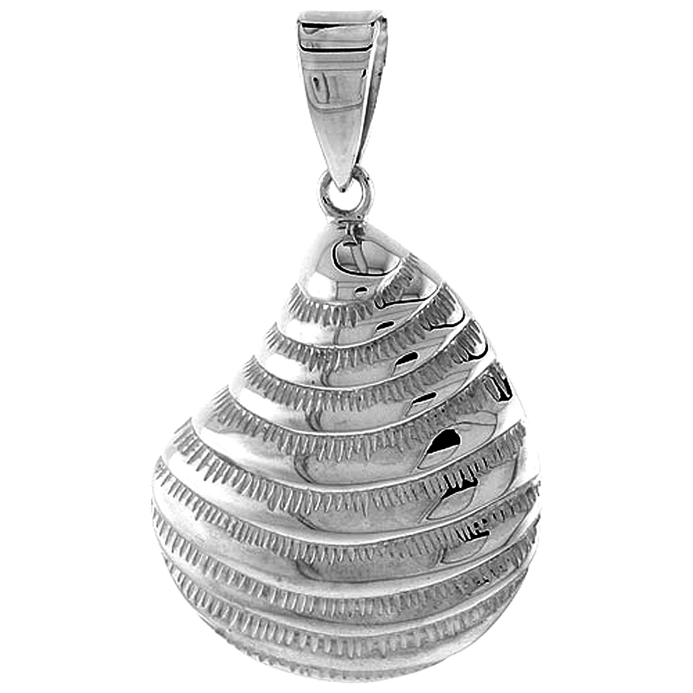 STERLING SILVER CLAMSHELL PENDANT FOR WOMEN FLAWLESS POLISHED FINISH 1 1/8 INCH TALL NO CHAIN