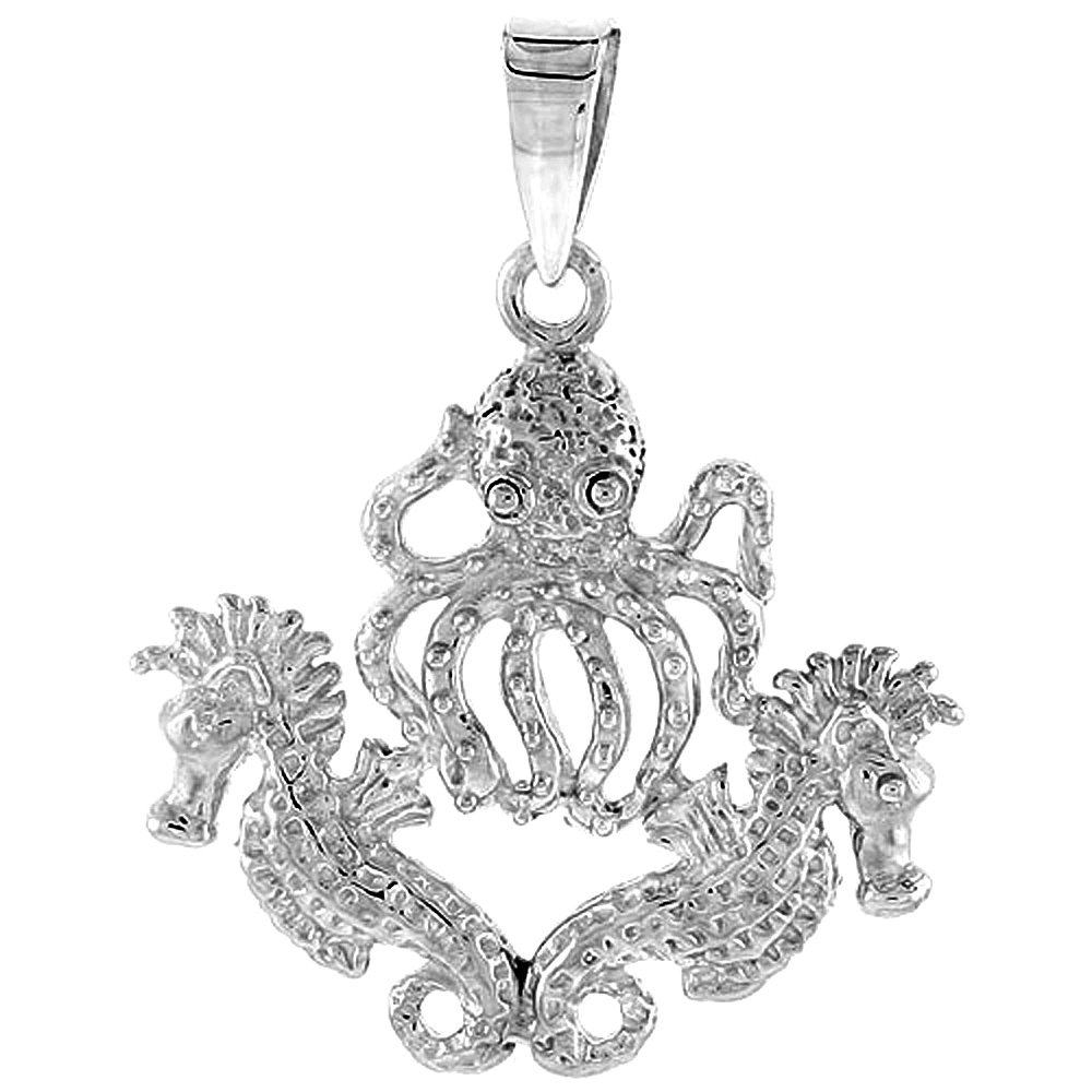 STERLING SILVER SEAHORSES & OCTOPUS PENDANT FOR WOMEN FLAWLESS POLISHED FINISH 1 INCH TALL NO CHAIN