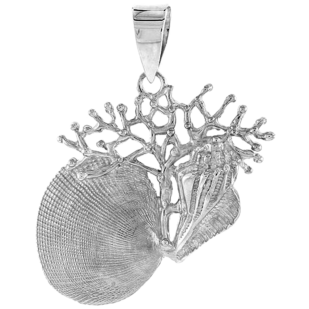 STERLING SILVER CLAMSHELL & CORAL PENDANT FOR WOMEN FLAWLESS POLISHED FINISH 1 3/16 INCH TALL NO CHAIN