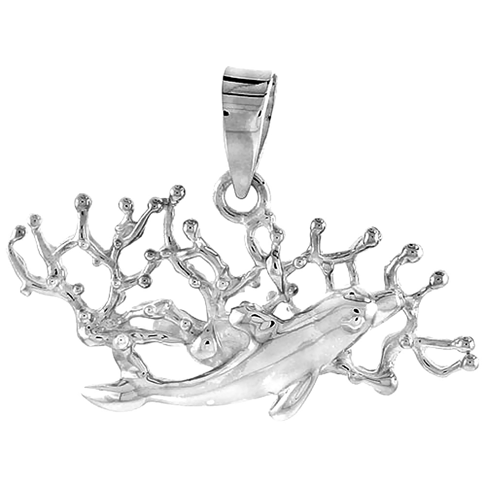 STERLING SILVER DOLPHIN IN CORAL PENDANT FOR WOMEN FLAWLESS POLISHED FINISH 5/8 INCH TALL NO CHAIN