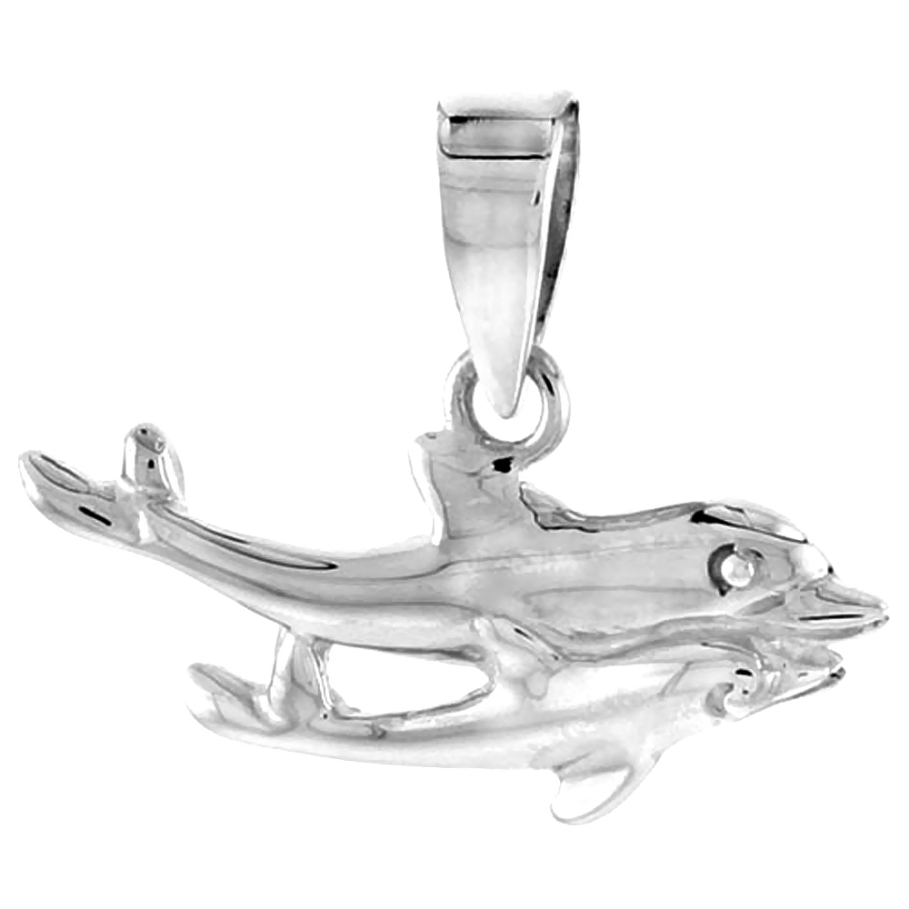 DAINTY STERLING SILVER MOTHER & BABY DOLPHIN PENDANT FOR WOMEN FLAWLESS POLISHED FINISH 3/8 INCH TALL NO CHAIN