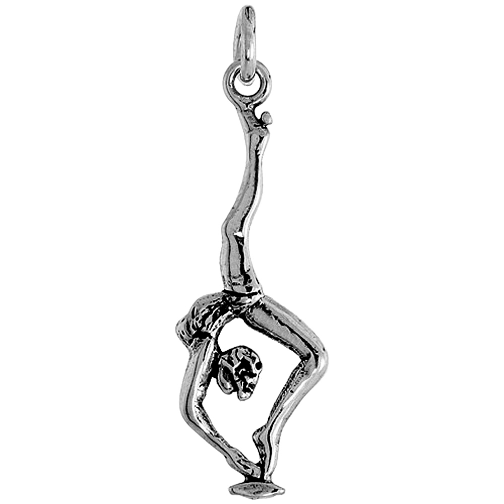 STERLING SILVER FLEXIBLE POSE FEMALE GYMNAST PENDANT WOMEN OXIDIZED ANTIQUE FINISH 1 3/16 INCH TALL NO CHAIN