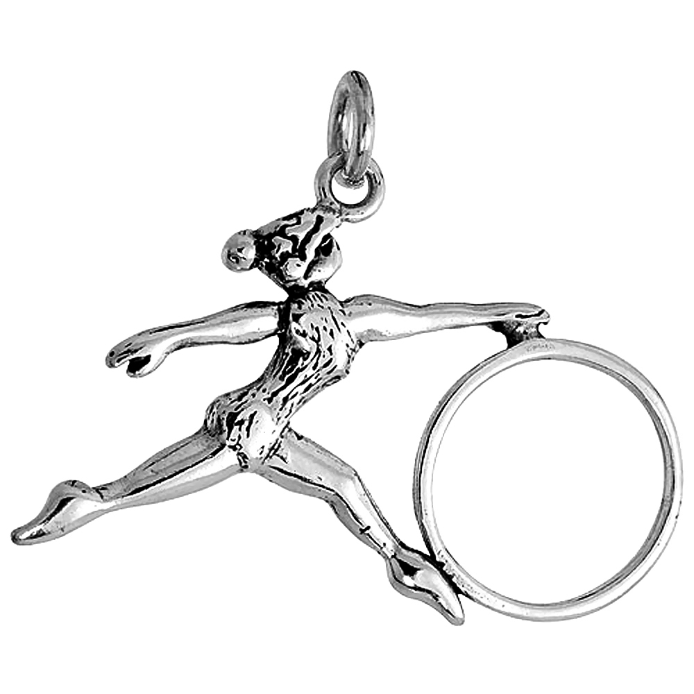 STERLING SILVER FEMALE HULA HOOP DANCER PENDANT FOR WOMEN OXIDIZED ANTIQUE FINISH 7/8 INCH TALL NO CHAIN