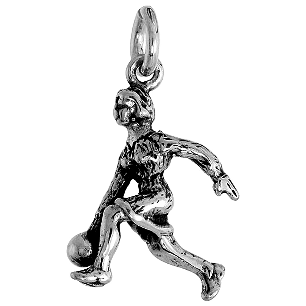 DAINTY STERLING SILVER FEMALE BOWLER PENDANT FOR WOMEN OXIDIZED ANTIQUE FINISH 5/8 INCH TALL NO CHAIN