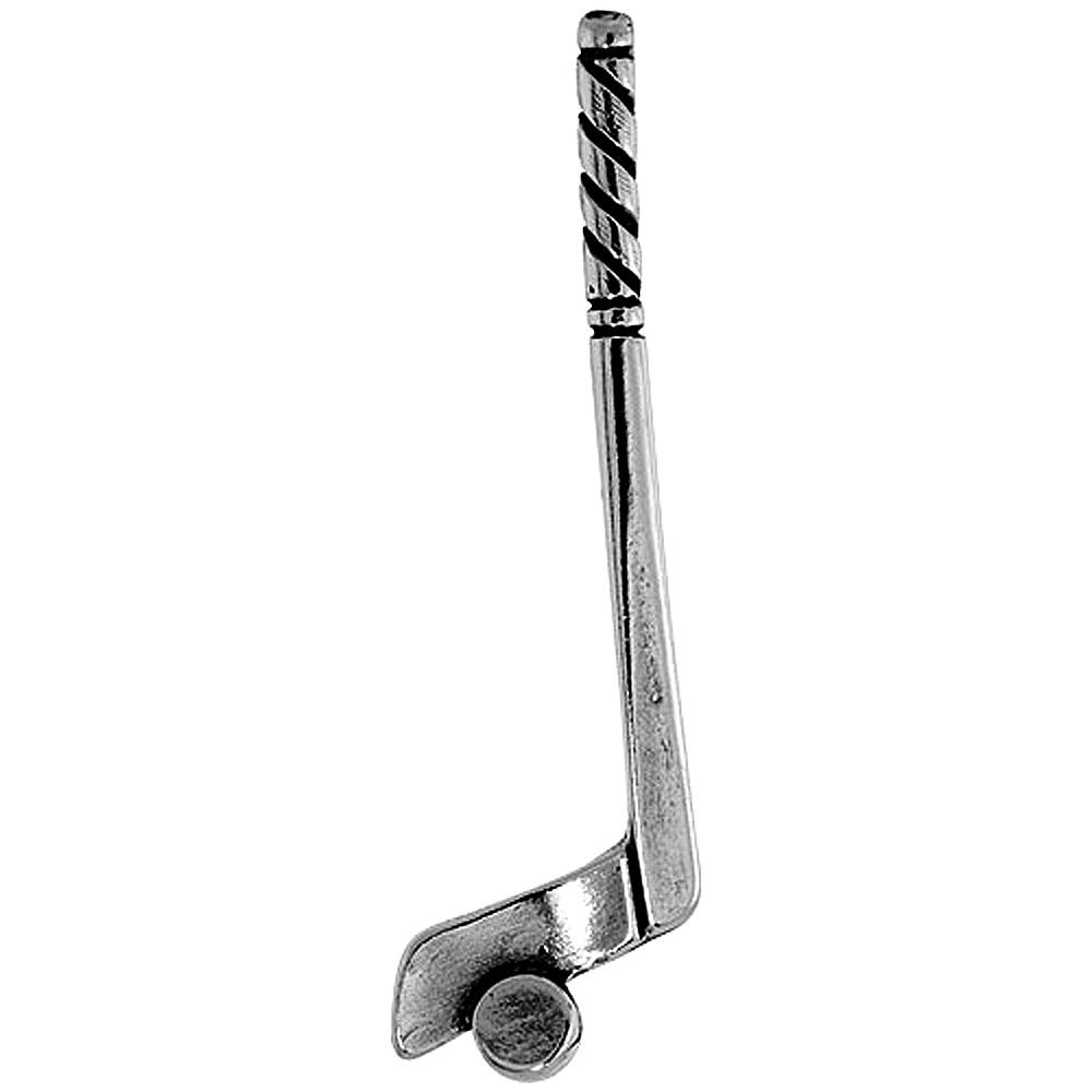 STERLING SILVER HOCKEY STICK PENDANT FOR MEN WITH HOCKEY PUCK OXIDIZED ANTIQUE FINISH 1 3/4 INCH TALL NO CHAIN