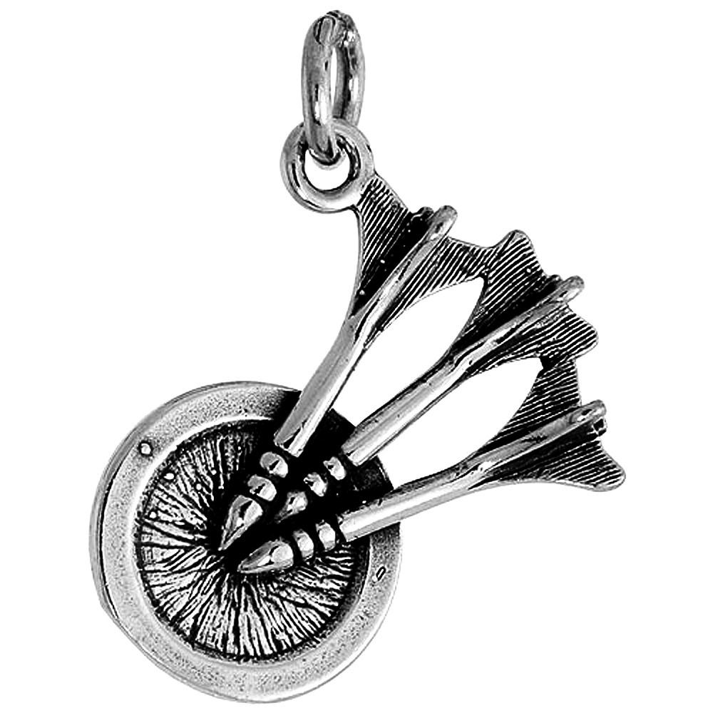 STERLING SILVER DARTS ON DARTBOARD PENDANT FOR MEN & WOMEN OXIDIZED ANTIQUE FINISH 3/4 INCH TALL NO CHAIN