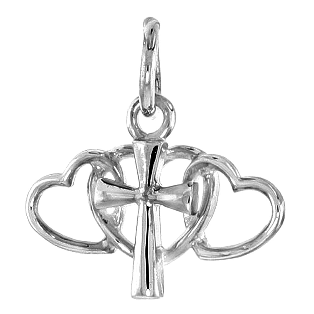 STERLING SILVER SMALL TRIPLE HEART CROSS PENDANT FOR WOMEN FLAWLESS POLISHED FINISH 1/2 INCH TALL NO CHAIN