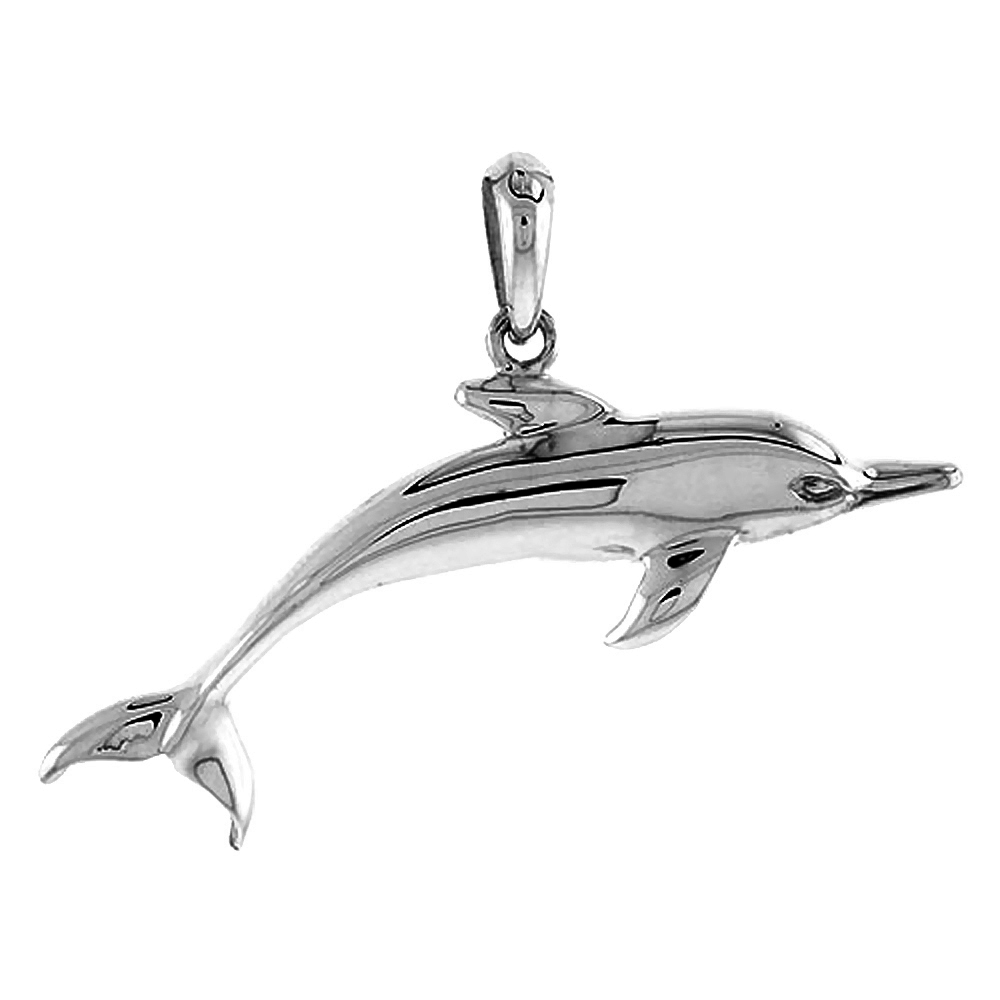 STERLING SILVER THIN BOTTLENOSE DOLPHIN PENDANT FOR WOMEN FLAWLESS POLISHED FINISH 1 INCH TALL NO CHAIN