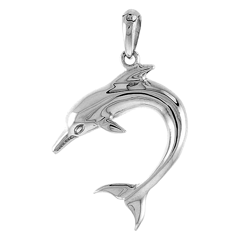 STERLING SILVER FLIPPING DOLPHIN NECKLACE FOR WOMEN FLAWLESS POLISHED FINISH 1 INCH TALL NO CHAIN