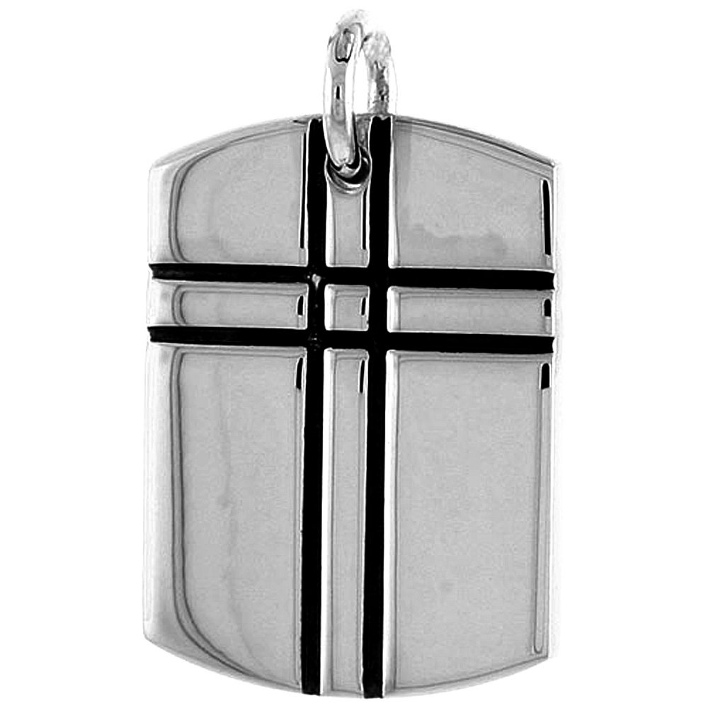 STERLING SILVER DOG TAG CROSS PENDANT FOR MEN OXIDIZED ANTIQUE FINISH 1 1/8 INCH TALL NO CHAIN