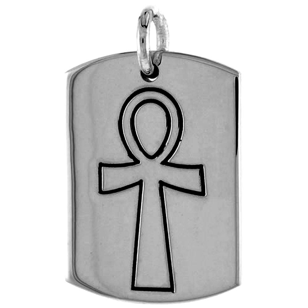 STERLING SILVER DOG TAG EGYPTIAN ANKH PENDANT FOR MEN OXIDIZED ANTIQUE FINISH 1 3/16 INCH TALL NO CHAIN