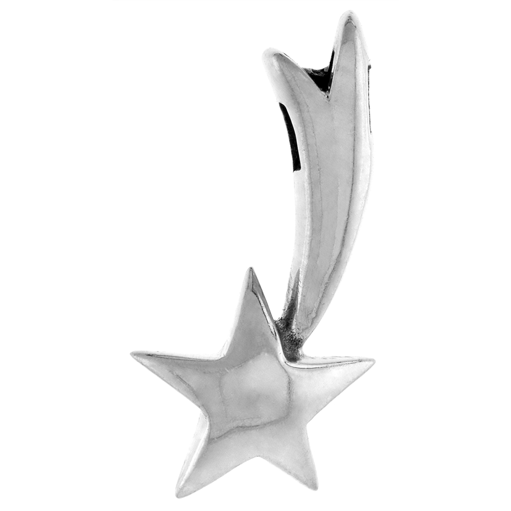 STERLING SILVER PUFFY SHOOTING STAR PENDANT FOR WOMEN OXIDIZED ANTIQUE FINISH 1 1/4 INCH TALL NO CHAIN