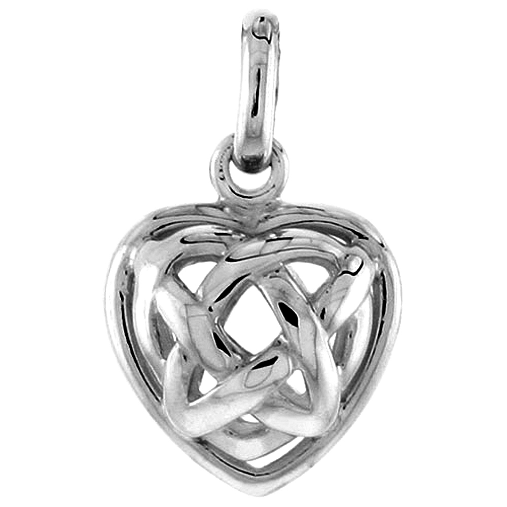 STERLING SILVER CELTIC HEART KNOT PENDANT FOR WOMEN FLAWLESS POLISHED FINISH 1/2 INCH TALL NO CHAIN