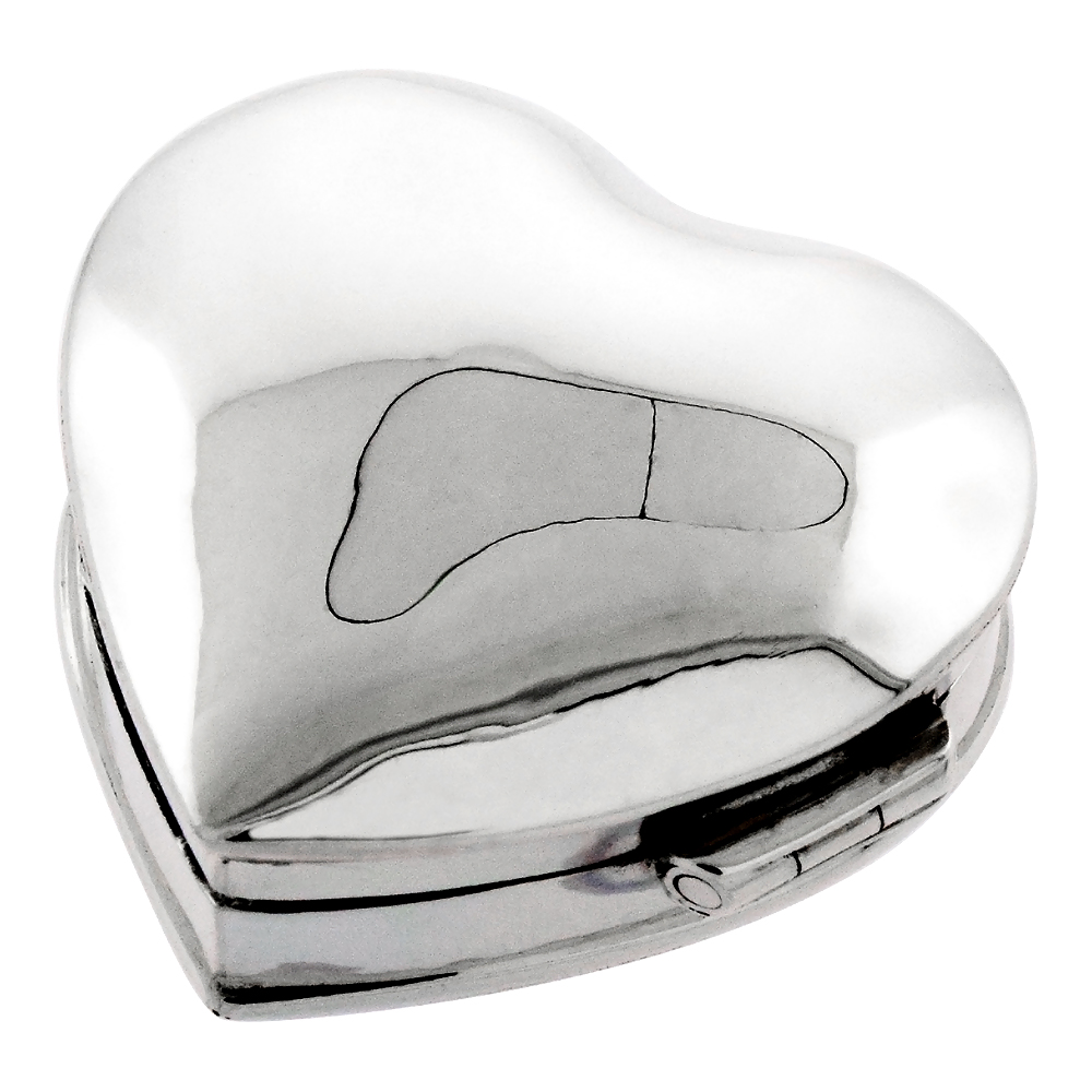 Sterling Silver Pill Box Heart Shape Plain High Polished Finish 1 3/16 inch wide