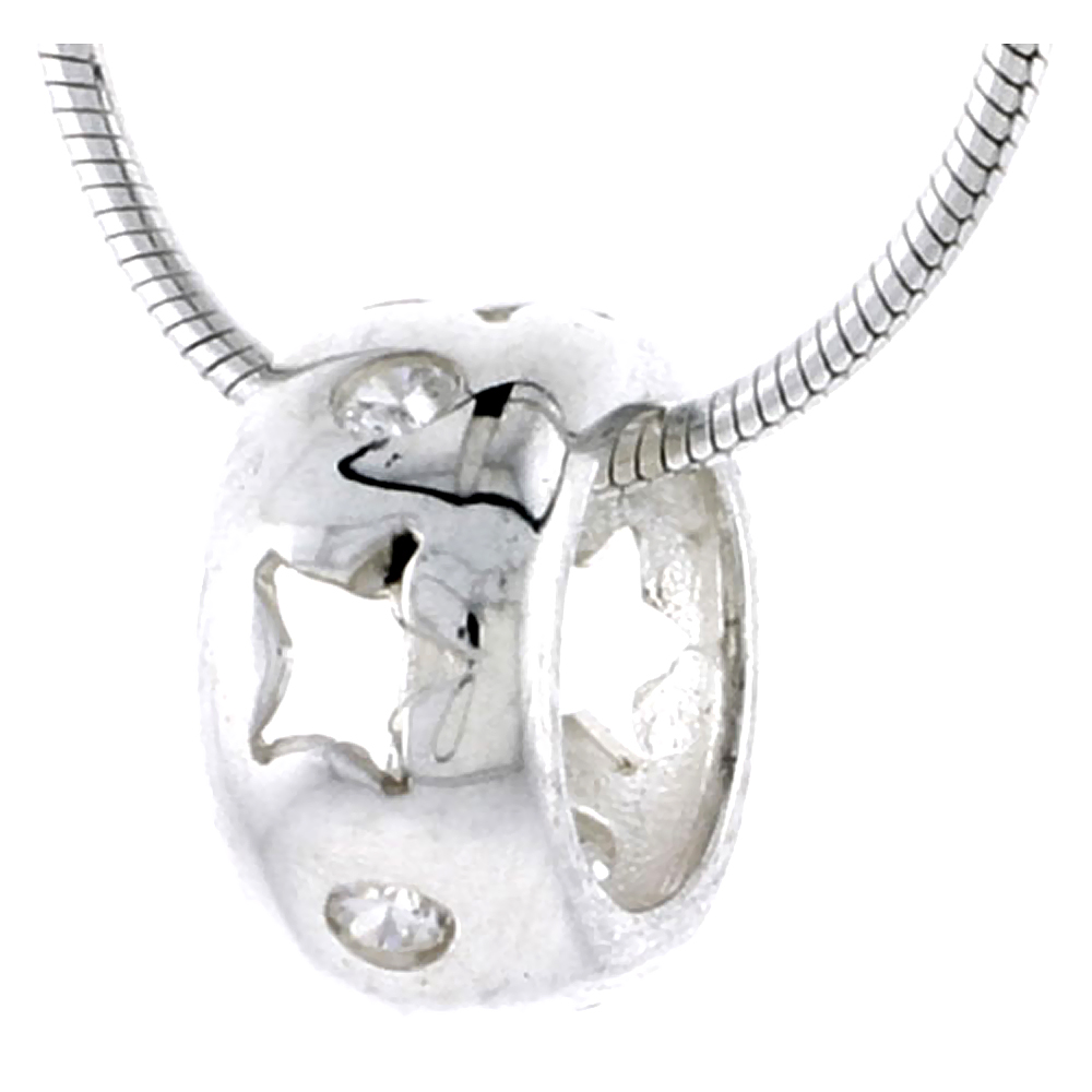HIGH POLISHED STERLING SILVER 7/16" (11 MM) TALL ROUND PENDANT SLIDE, W/ STAR CUT OUTS & BRILLIANT CUT CZ STONES, W/ 18" THIN BOX CHAIN