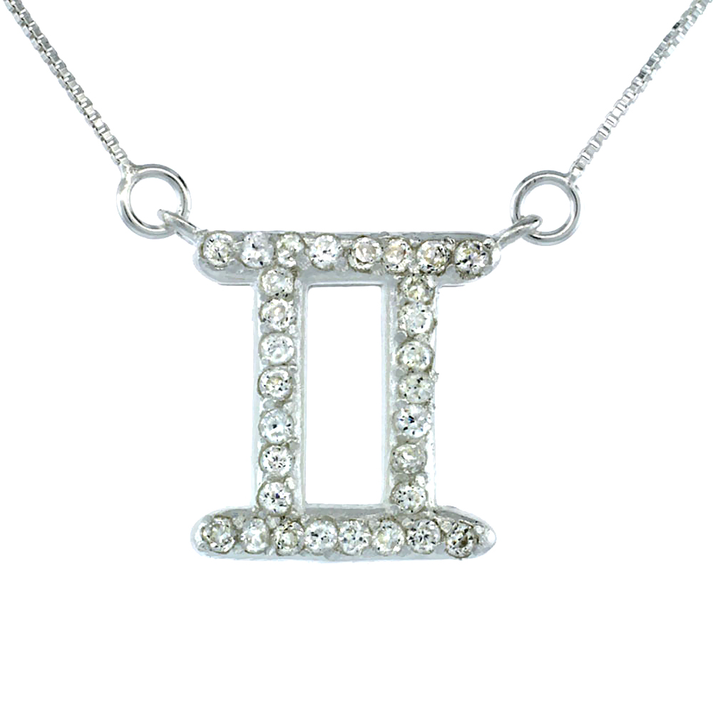 STERLING SILVER ZODIAC SIGN GEMINI PENDANT NECKLACE, " THE TWINS " ASTROLOGICAL SIGN ( MAY 20 - JUN 20 ), 3/4 IN. (19 MM) TALL