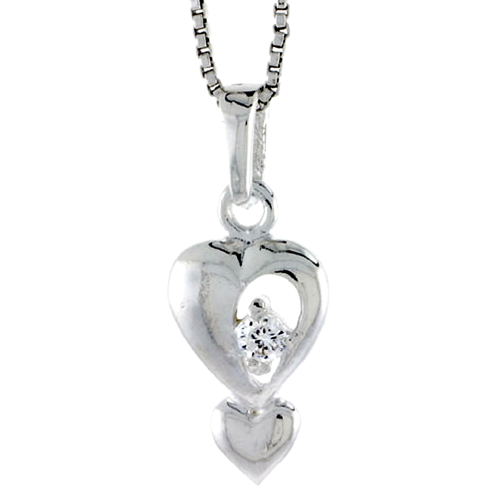 HIGH POLISHED STERLING SILVER 5/8" (16 MM) TALL DOUBLE HEART PENDANT, W/ 2MM BRILLIANT CUT CZ STONE, W/ 18" THIN BOX CHAIN