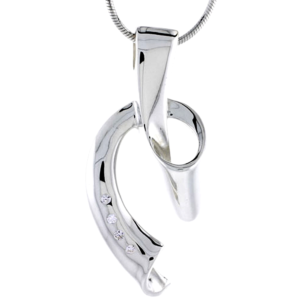 STERLING SILVER HIGH POLISHED RIBBON LACE KNOT SLIDER PENDANT, W/ 4 TINY CZ STONES, 1 9/16" (39 MM) TALL, W/ 18" THIN SNAKE CHAIN